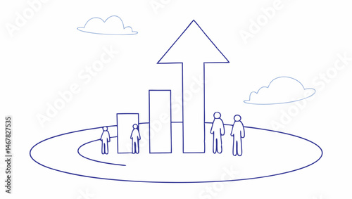 Growth progress upward trend people achieving goals simple line art illustration blue white