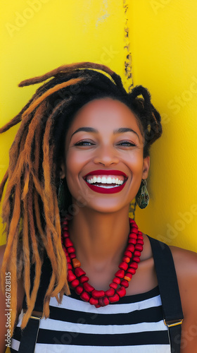 Radiant Joy: Close-up Portrait of a Young Black Woman with Dreadlocks, Vibrant Smile, and Red Lipstick Against a Yellow Background.