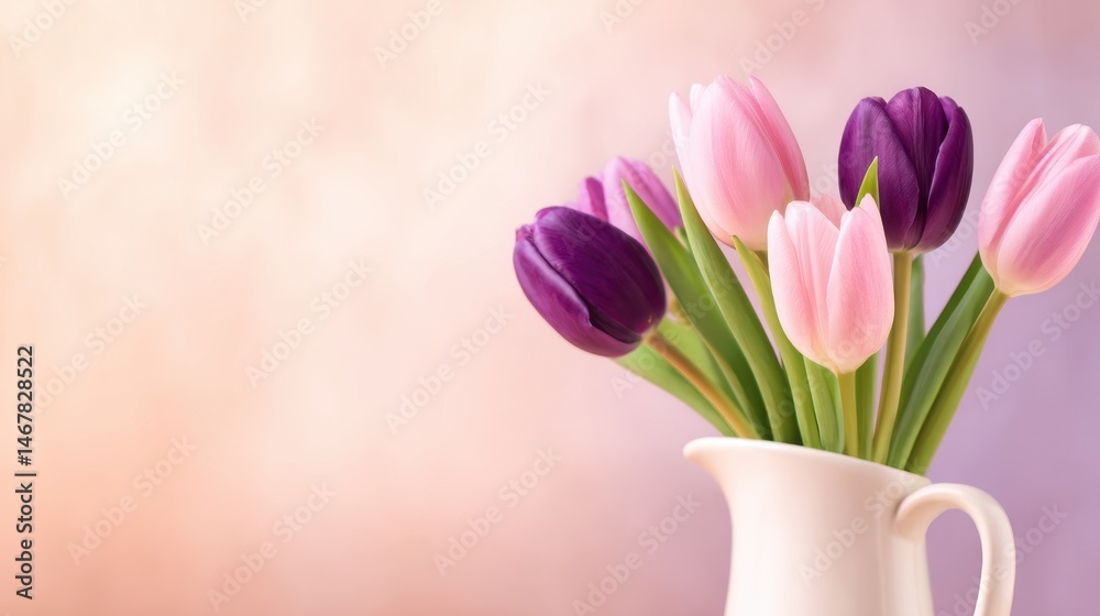 Fototapeta premium A vibrant bouquet of pink and purple tulips in a white vase against a soft pastel background