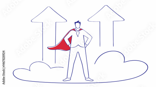 Superhero businessman conquers challenges reaching goals with confidence and strength Simple line