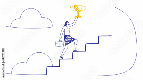 Triumphant businesswoman climbs stairs gold trophy aloft celebrating success Simple line art blue