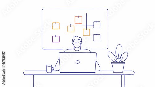 Focused man working on project timeline using laptop sticky notes planning simple line art