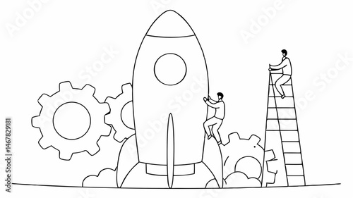 Launching a startup Teamwork builds a rocket to success Simple line art collaborative effort