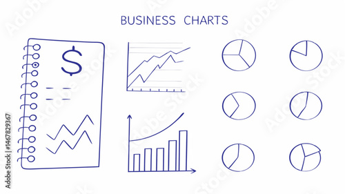 Hand drawn business charts graphs visual data analysis notebook finance growth strategy simple