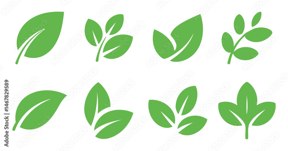 Collection of Eight Green Leaf Icons Simple Nature Symbols for Eco Design Collection of Eight Green Leaf Icons Simple Nature Symbols for Eco Design