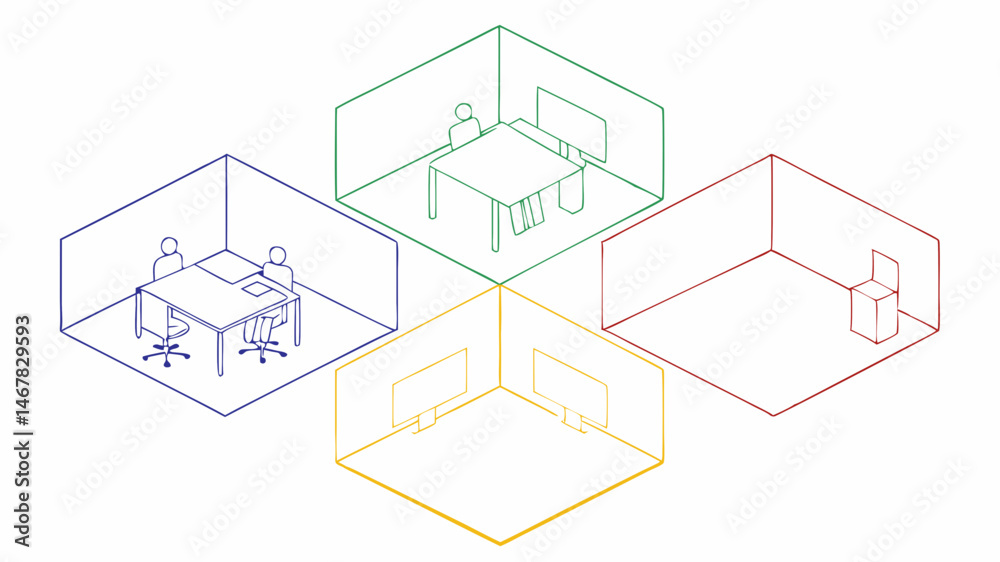Modern office design four collaborative workspaces efficient layout minimalist aesthetic clean lines Modern office design four collaborative workspaces efficient layout minimalist aesthetic clean lines