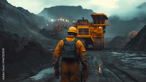 Industrial Mining Operation: Safety First; A lone miner in protective gear walks amidst massive mining machinery, conveying a sense of scale, hard work, and the potential risks within the extractive