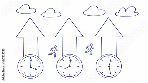 Three people race against time striving for upward mobility and success Simple line art blue hues