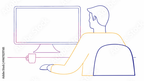 Focused man working at computer productive day simple line art clean design desktop workspace modern