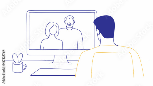 Man video calling parents heartwarming family connection simple line art illustration desktop