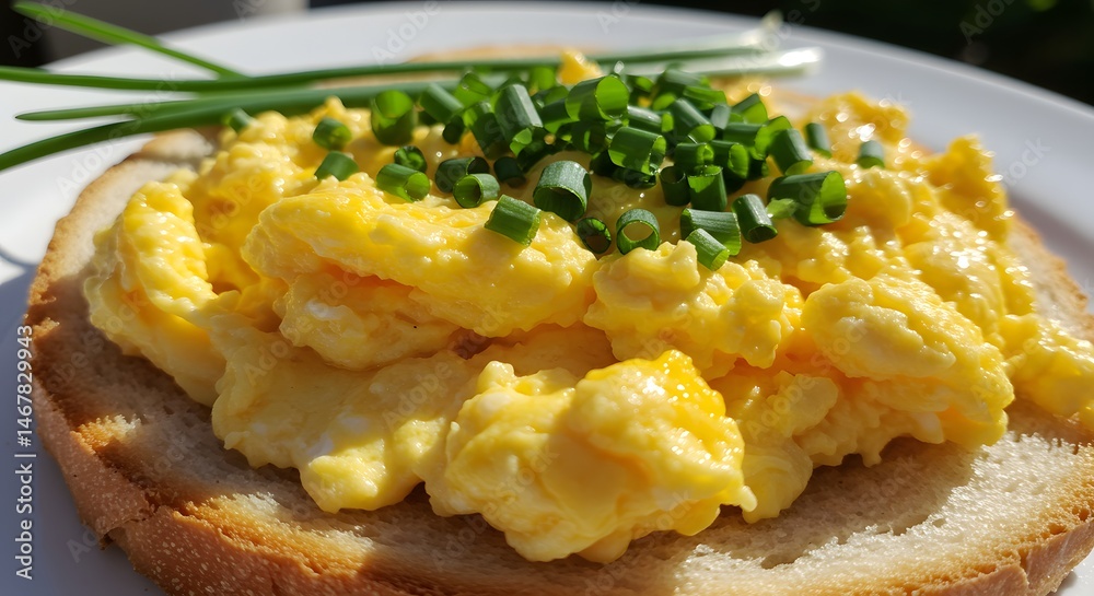 Close up of scrambled eggs on toast topped with chives on a white plate in sunlight Close up of scrambled eggs on toast topped with chives on a white plate in sunlight