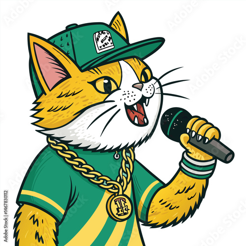 A cool, cartoon cat rapper wearing gold grills and a gold chain, holding a microphone, ready to perform.