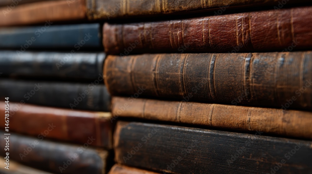 Fototapeta premium Close-up of antique books stacked on a shelf, showcasing their worn covers and textures