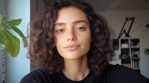 Portrait of a Young Adult Woman with Curly Brown Hair, Serene Expression, Close-Up Shot in Soft Natural Light