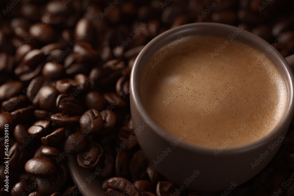 Fototapeta premium A rich cup of espresso sits amongst a bed of roasted coffee beans.
