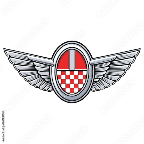 Design a retro car manufacturer badge featuring chrome wings, incorporating Art Deco styling and a vintage font.  Include a circular emblem.
