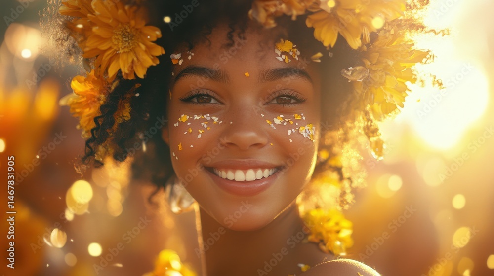 Brazilian people dressed in traditional Festa Junina outfits smiles and enjoys the festive atmosphere, surrounded by music and colorful decorations.