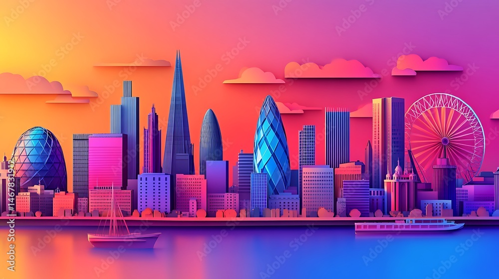 Obraz premium Stunning city skyline with bright colors, iconic buildings, and a playful design image