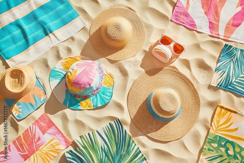 A scene of vibrant beach mats, tropical-patterned towels, and straw sun hats scattered on the sand 