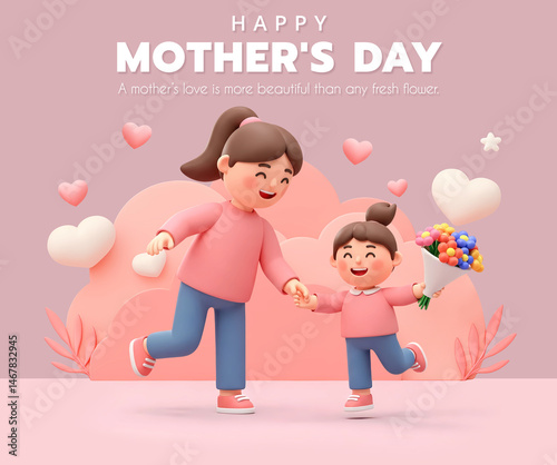 Happy Mother's Day background with 3d mother and daughter holding bouquet of flowers cartoon characters