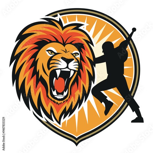 Silhouette of a powerful silat kick juxtaposed against a roaring lion mask, a dynamic blend of martial arts and primal power.