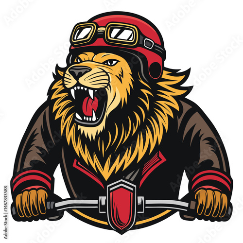 A fierce roaring lion, wearing a biker cap and gloves, powerfully gripping an unseen object.  Show intense detail in fur and expression.