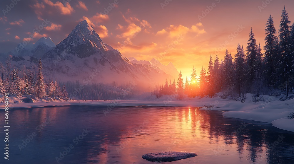 Obraz premium Majestic snow covered mountains at sunset reflecting on calm lake waters