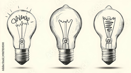 Three hand-drawn light bulbs, one with the word idea written inside, one with a filament, and one empty