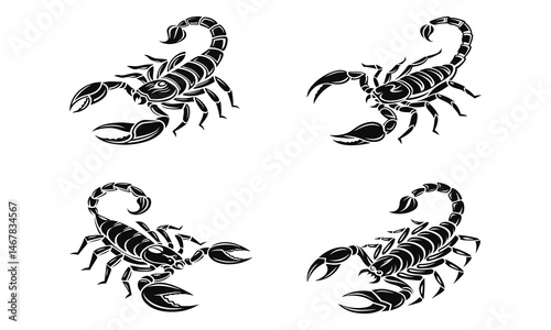 Vector set of scorpions and sea creatures including crab, dragon, shrimp, lobster, and more, designed as silhouettes and tribal illustrations for tattoo, logo, and art purposes