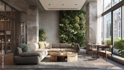 Living space with indoor herb wall, biophilic design, natural materials, neutral palette