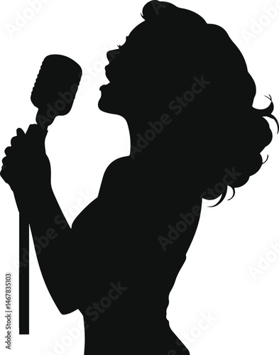Singing Woman Silhouette Vector with Microphone for Music Design, Female Singer Art, Performance 