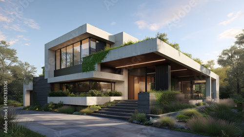 Modern home with green roof and vertical garden