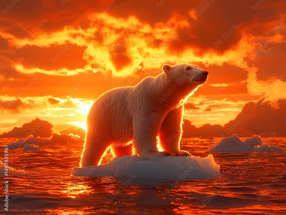 Solitary polar bear standing on a melting iceberg against a fiery sunset sky Solitary polar bear standing on a melting iceberg against a fiery sunset sky
