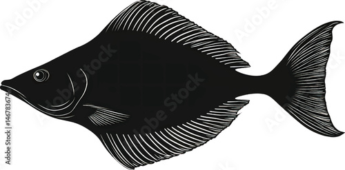 An isolated silhouette of flounder with a flat body, vector, png