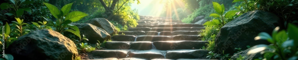 Fototapeta premium Stone steps veiled by mist, sunlight filtering through leaves, hinting at a peaceful, ascending path , spiritual, hope