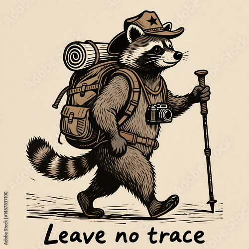 Woodcut illustration of a raccoon hiker in sepia tones, fully geared and camera-ready, with 