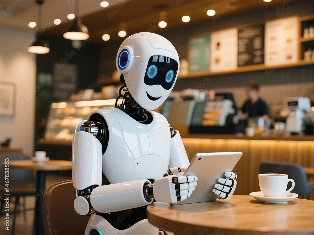 Friendly robot using tablet in a coffee shop Friendly robot using tablet in a coffee shop