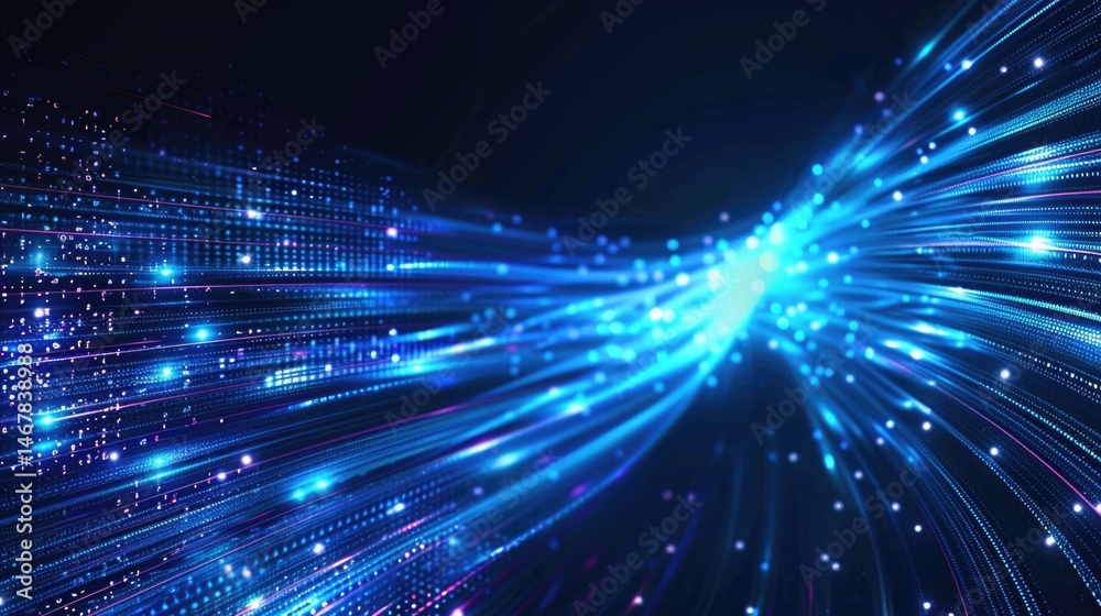 Obraz premium Abstract blue digital network background with lines and nodes. Digital artwork of glowing digital wave waving and flowing at black background. Technology innovation and data visualization. AIG55.