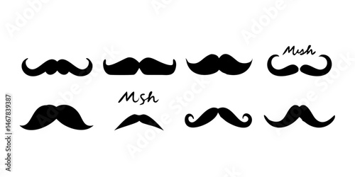 Collection of Various Black Mustache Silhouettes.Various Mustache Types Include The Classic Chevron, Suave Handlebar, Rugged Horseshoe,  Refined English Different Mustache Styles Isolated on White.