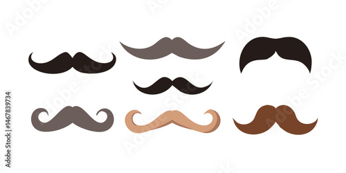 Collection of Various Black Mustache Silhouettes.Various Mustache Types Include The Classic Chevron, Suave Handlebar, Rugged Horseshoe,  Refined English Different Mustache Styles Isolated on White.