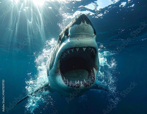 Aggressive Great White Shark with Open Mouth