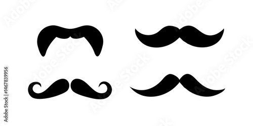 Collection of Various Black Mustache Silhouettes.Various Mustache Types Include The Classic Chevron, Suave Handlebar, Rugged Horseshoe,  Refined English Different Mustache Styles Isolated on White.