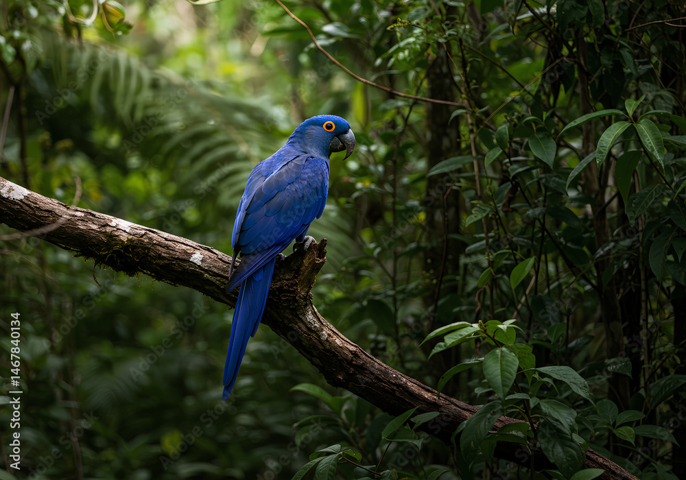 Naklejka premium Vibrant Blue Macaw Perched on Tree Branch in Lush Tropical Rainforest