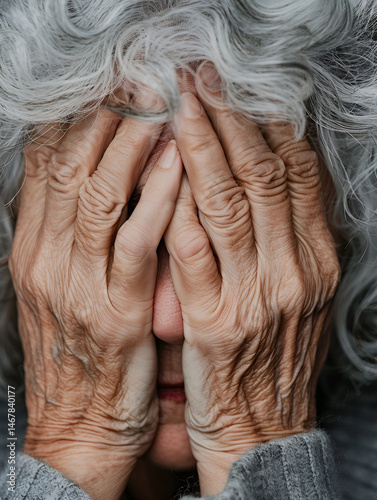 senior woman holding her hands on her face 