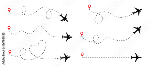 Airplane route vector set: dotted flight path illustration - downloadable graphics for travel and navigation designs