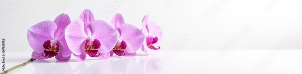 Obraz premium Delicate purple orchid blossom, white background, subtle reflection , blossom, orchid flower