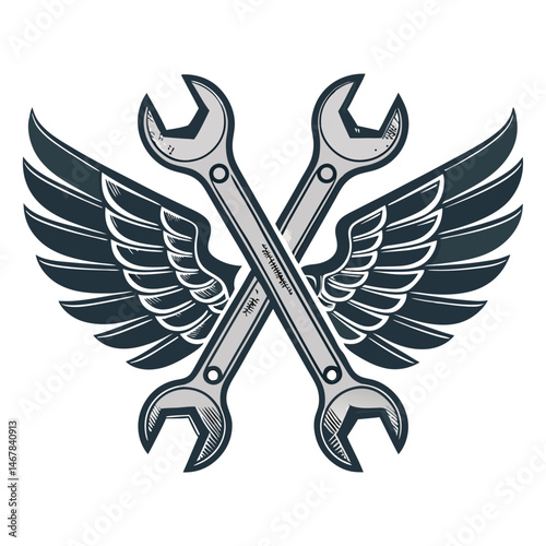 Create a photorealistic image of a pair of mechanical wings crafted entirely from steel wrenches, intricately assembled.