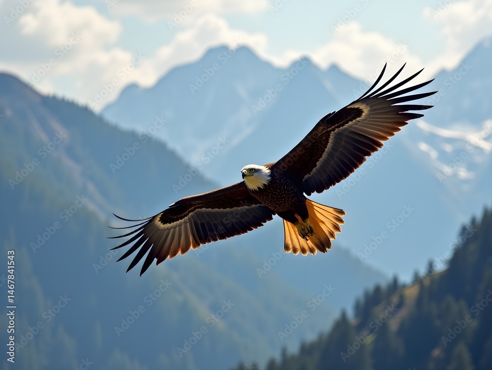 Fototapeta premium Golden Eagle Aquila chrysaetos family Accipitridae soaring over mountain peaks apex bird of prey symbolizing power avian wildlife ecological diversity in rugged terrains