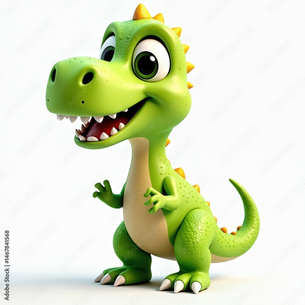 Fototapeta premium Cute cartoon dinosaur mascot, 3d render isolated on white background. Playful character, vibrant design for kids products. Prehistoric animal illustration, modern art. Fun graphic for entertainment.