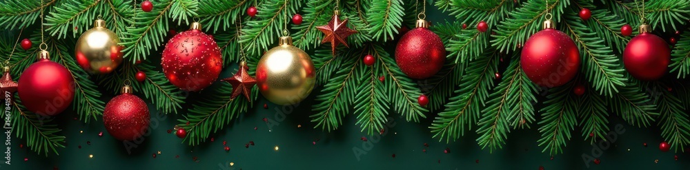 Luxurious evergreen garland draped with vibrant red & gold ornaments , holiday greenery, gold ornaments Luxurious evergreen garland draped with vibrant red & gold ornaments , holiday greenery, gold ornaments